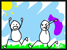 stick figure chasing another with purple trout